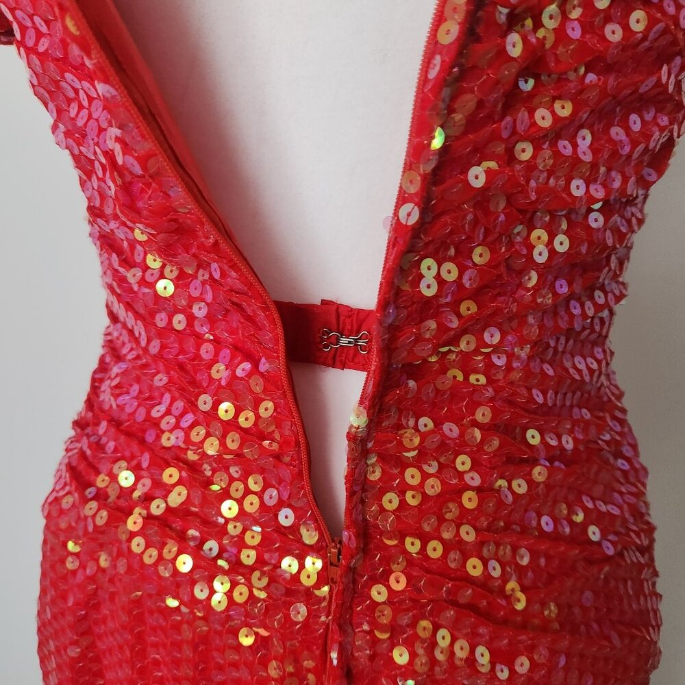 Vtg 90s Vicky Tiel Red Sequin Dress Sz‎ 44 Paris Couture Off Shoulder Cocktail - Picture 7 of 16